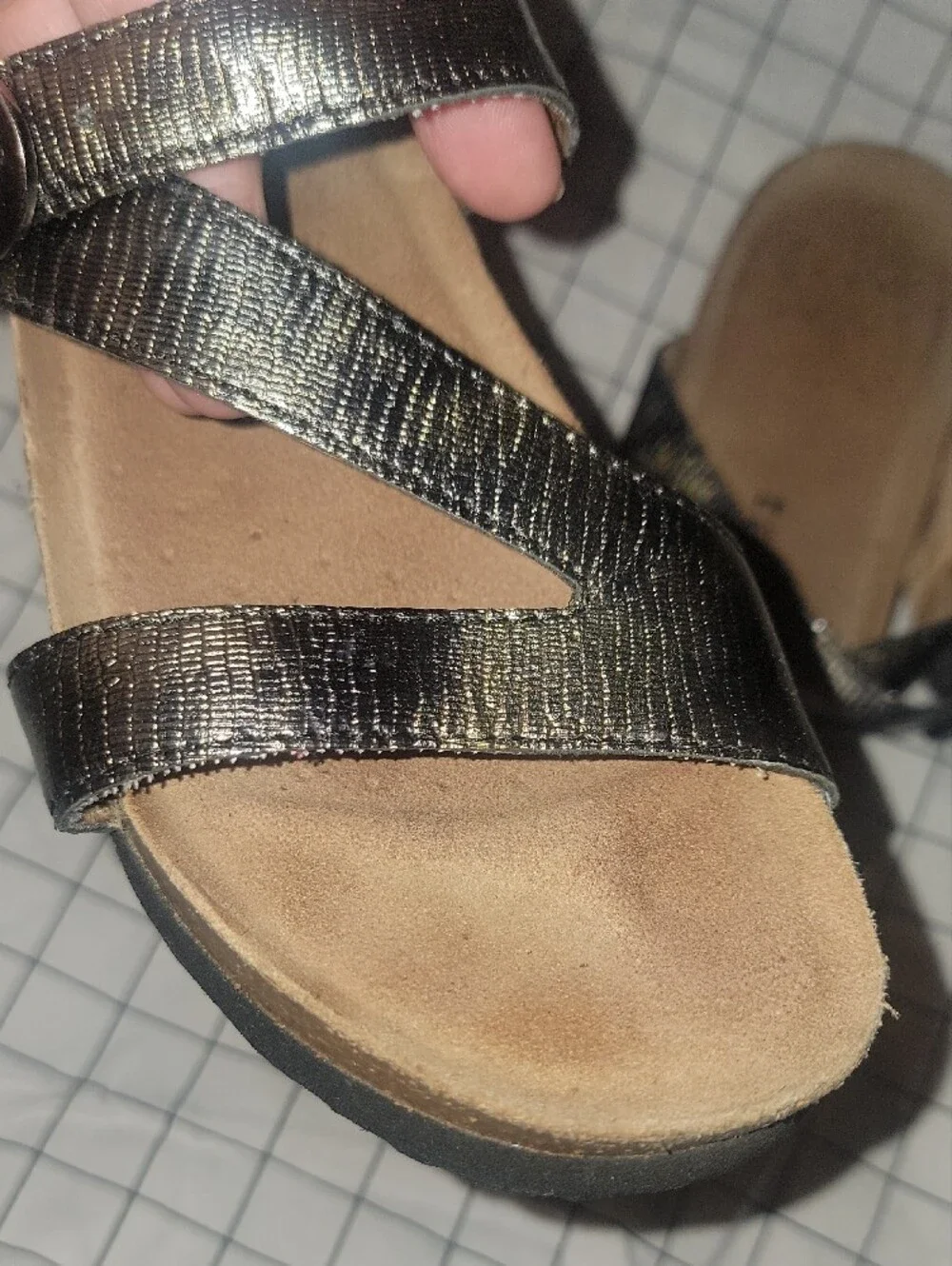 Taos Footwear Metallic Black Strappy Slide Sandals